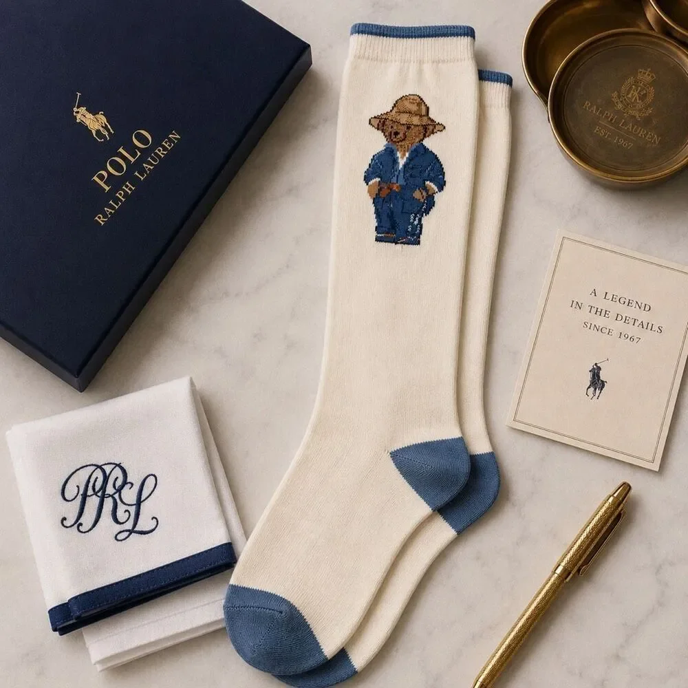 Ralph Lauren Polo Bear Women’s Socks Ivory Blue NWT Sock Size 9-11